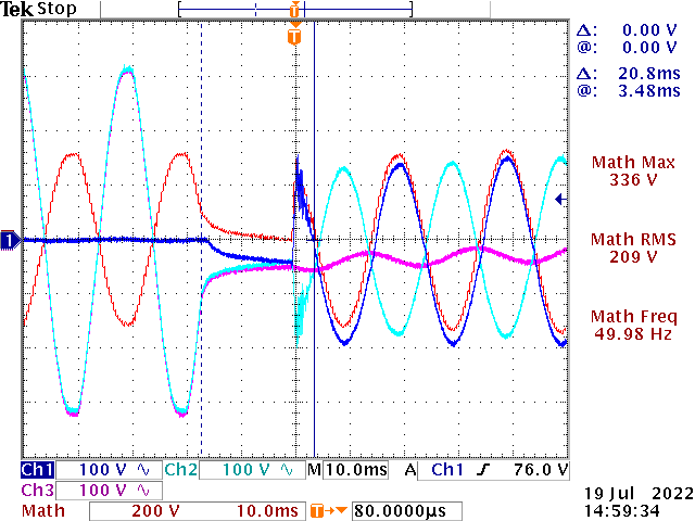 Oscilloscope measurement of bypass to inverter transition